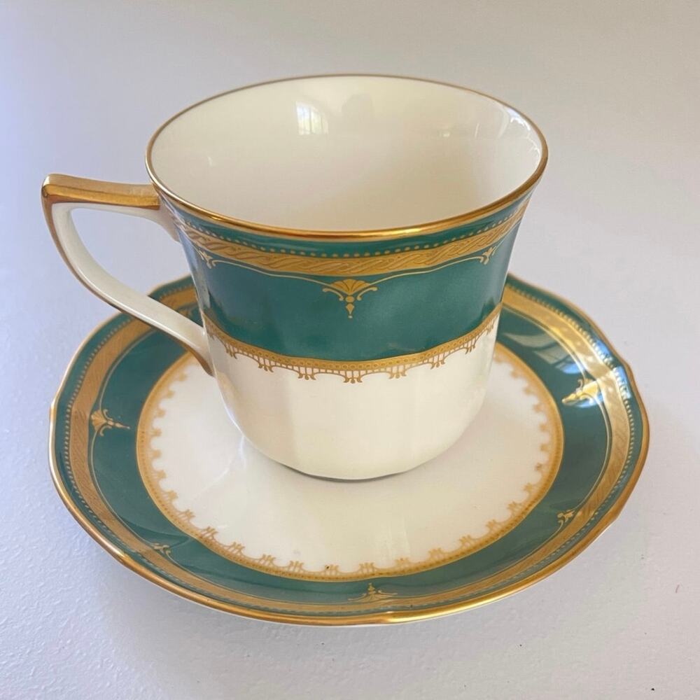 Noritake China Solemn Emerald Pattern 2 Piece Cup/Saucer White/Green/Gold 7322